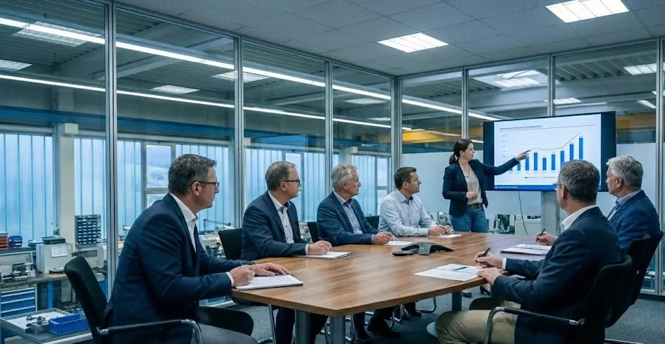Beiratssitzung in einem Besprechungsraum mit Blick in die Fertigung